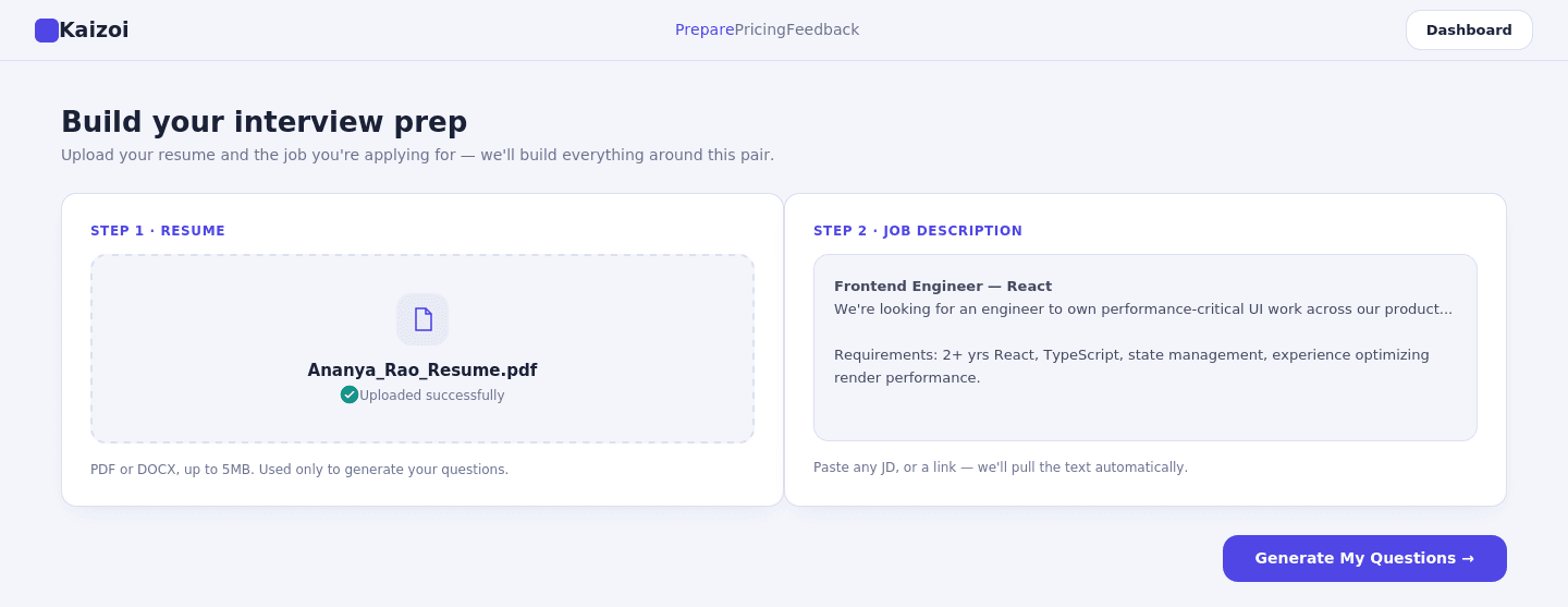Kaizoi resume and job description upload screen